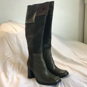 Jeffrey Campbell Hunted Knee High Square Toe Patchwork Leather Fur Boots